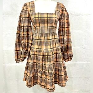TOPSHOP PLAID LONG SLEEVE DRESS WITH TIE IN BACK